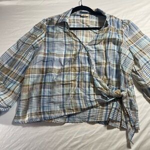 a.n.a Plaid Wrap Button-Down Top in Blue and Brown